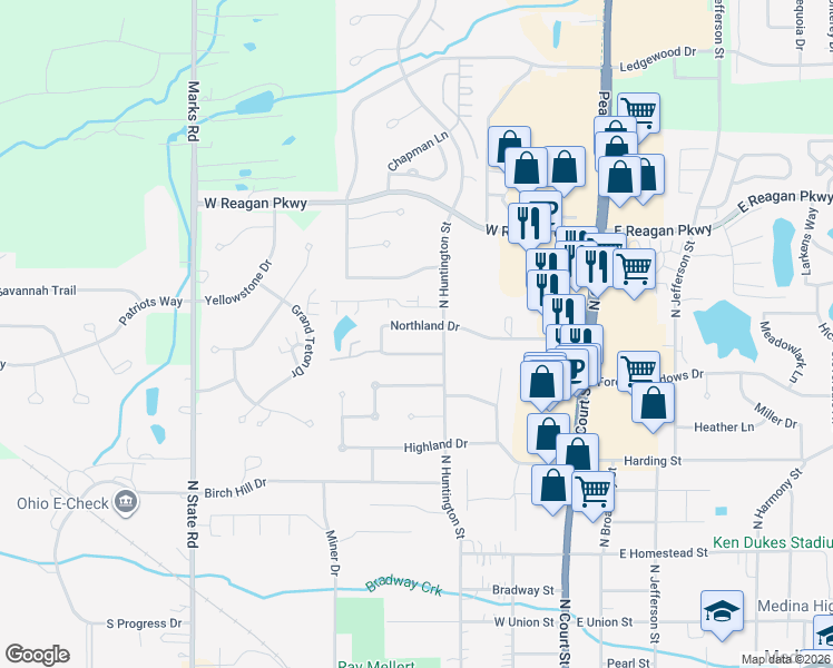 map of restaurants, bars, coffee shops, grocery stores, and more near 336 Northland Drive in Medina