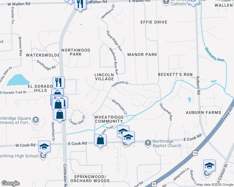 map of restaurants, bars, coffee shops, grocery stores, and more near 8011 Spruce Creek Pl in Fort Wayne
