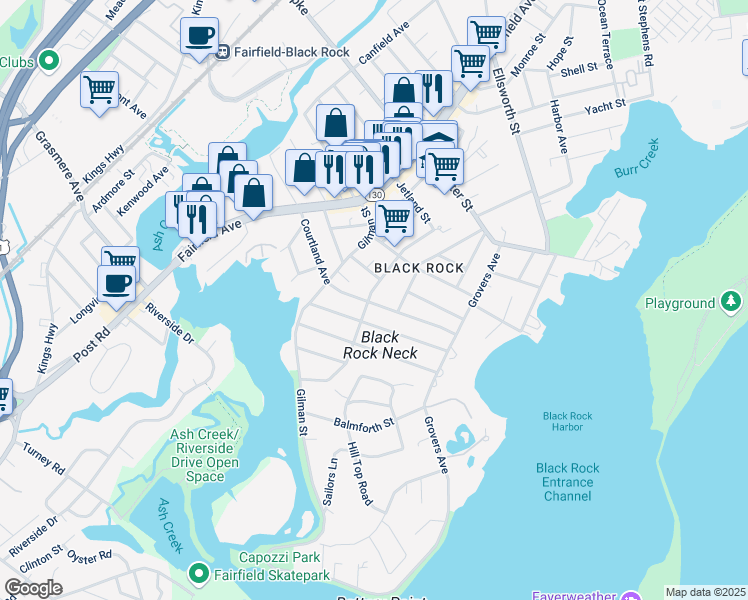 map of restaurants, bars, coffee shops, grocery stores, and more near 356 Midland Street in Bridgeport