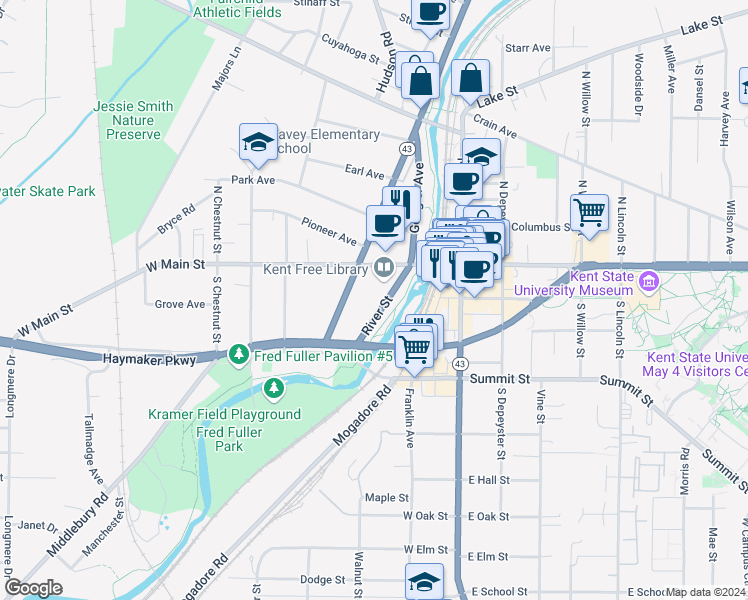 map of restaurants, bars, coffee shops, grocery stores, and more near 208 River Street in Kent