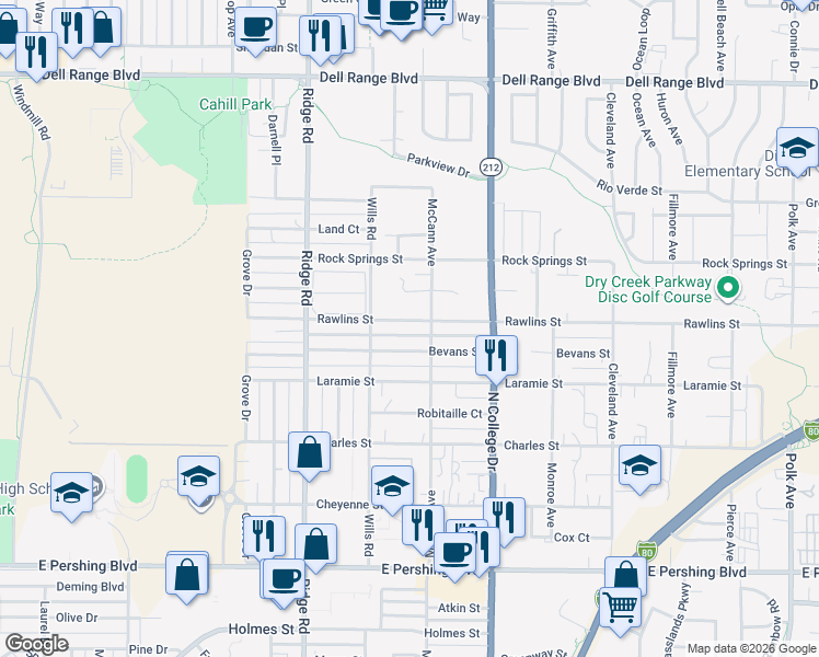map of restaurants, bars, coffee shops, grocery stores, and more near 3711 Rawlins Street in Cheyenne