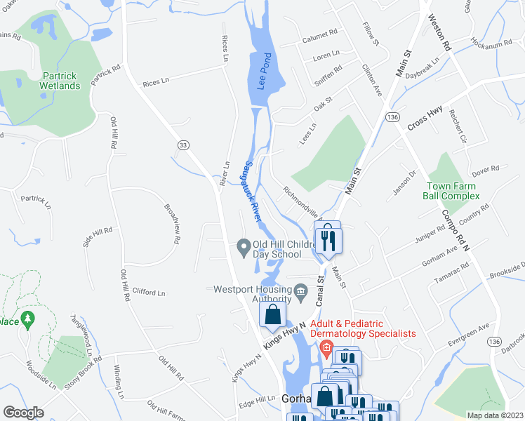map of restaurants, bars, coffee shops, grocery stores, and more near 37 Woods Grove Road in Westport