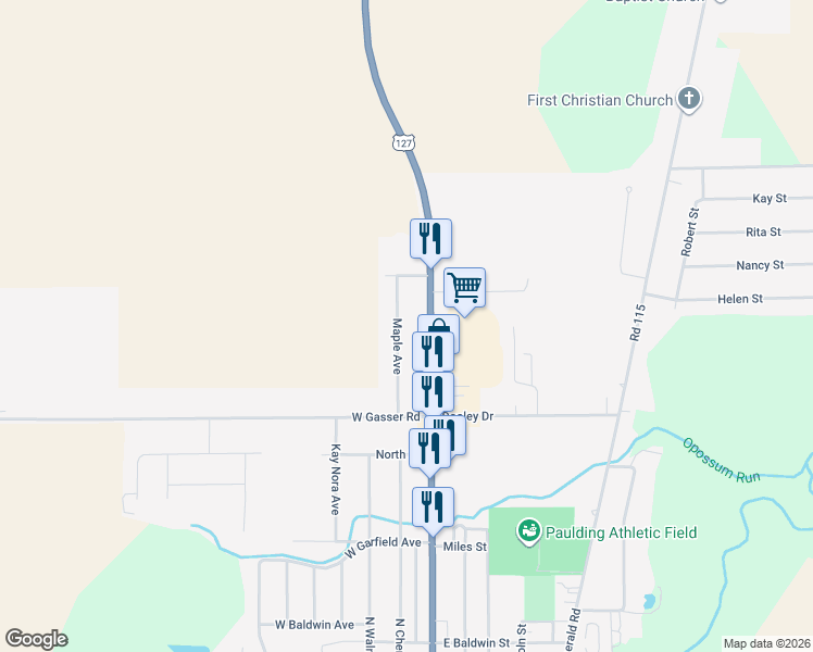 map of restaurants, bars, coffee shops, grocery stores, and more near 12642 Maple Avenue in Paulding