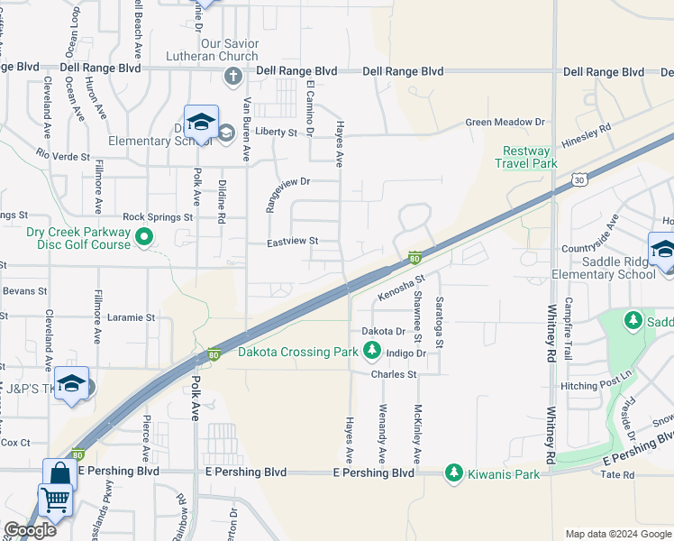 map of restaurants, bars, coffee shops, grocery stores, and more near 3900 Hayes Avenue in Cheyenne