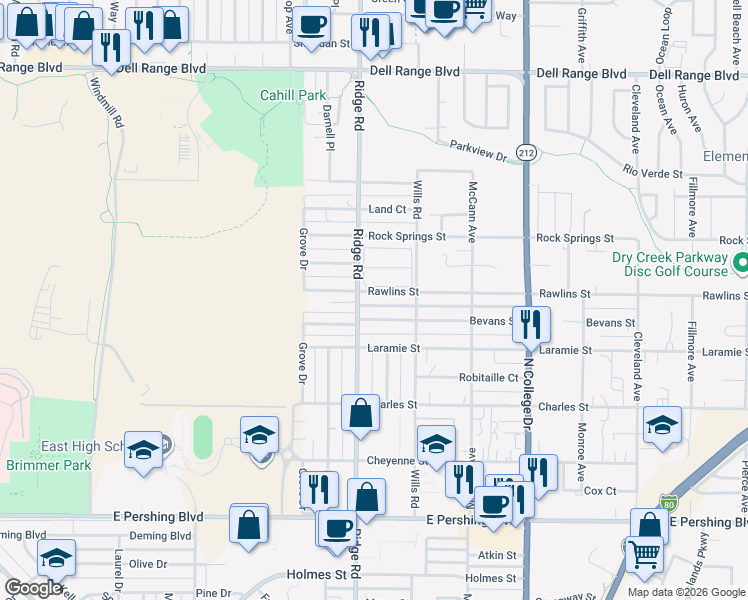 map of restaurants, bars, coffee shops, grocery stores, and more near 3415 Rawlins Street in Cheyenne
