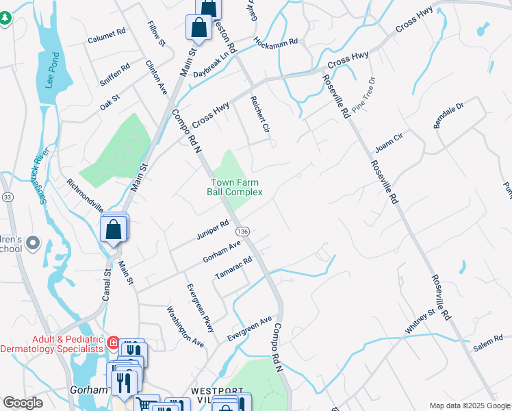 map of restaurants, bars, coffee shops, grocery stores, and more near 3 Country Road in Westport