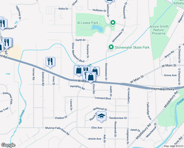 map of restaurants, bars, coffee shops, grocery stores, and more near 358 North Francis Street in Kent