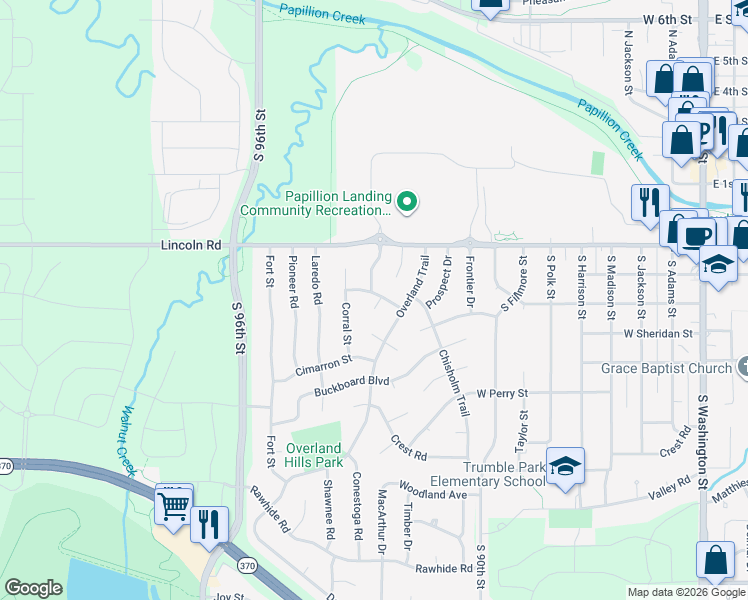 map of restaurants, bars, coffee shops, grocery stores, and more near 1117 Sherman Street in Papillion