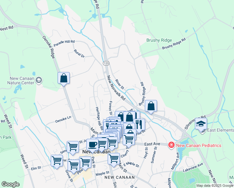 map of restaurants, bars, coffee shops, grocery stores, and more near 137 Forest Street in New Canaan