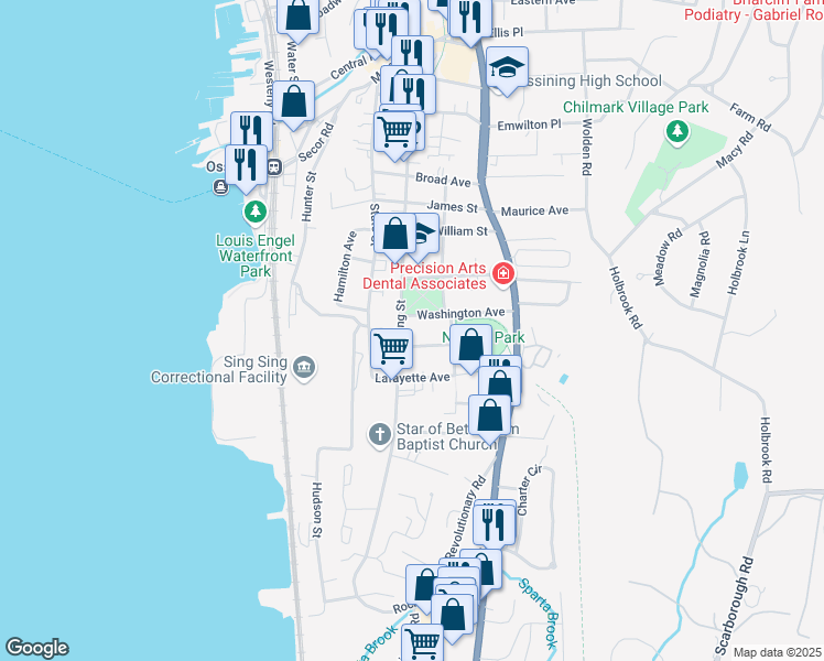 map of restaurants, bars, coffee shops, grocery stores, and more near 223 Spring Street in Ossining