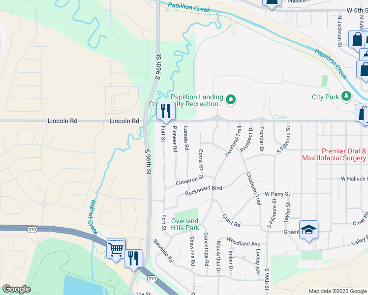 map of restaurants, bars, coffee shops, grocery stores, and more near 404 Laredo Road in Papillion