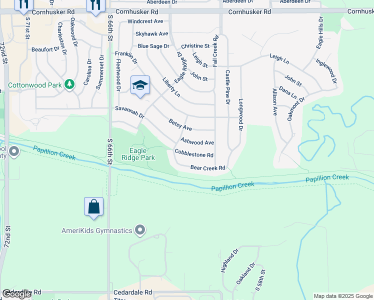 map of restaurants, bars, coffee shops, grocery stores, and more near 2130 Cobblestone Road in Papillion