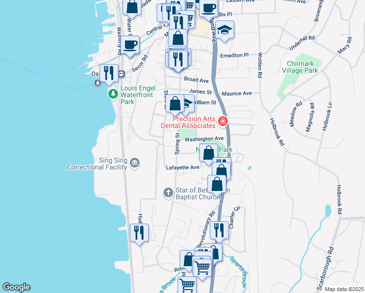 map of restaurants, bars, coffee shops, grocery stores, and more near 223 Spring Street in Ossining