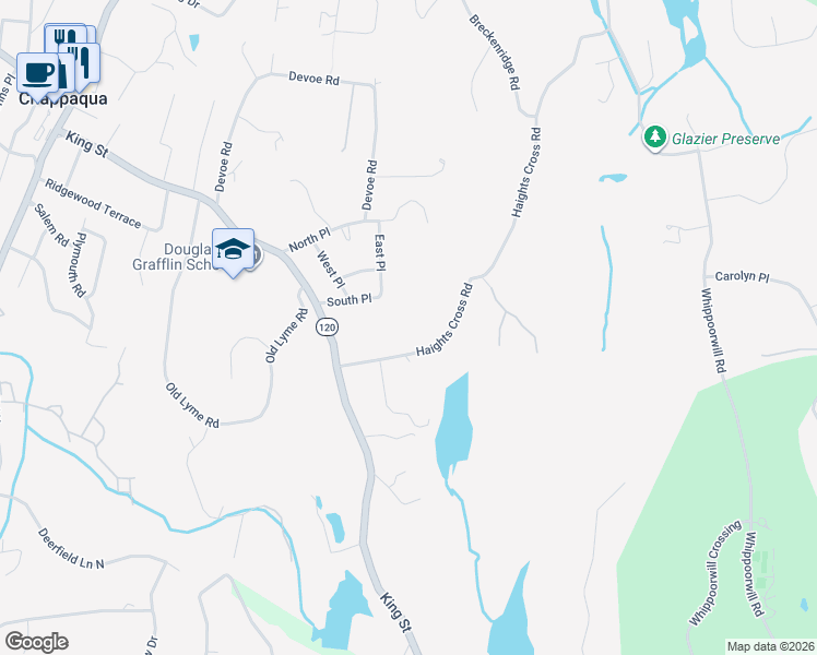 map of restaurants, bars, coffee shops, grocery stores, and more near 15 Haights Cross Road in Chappaqua
