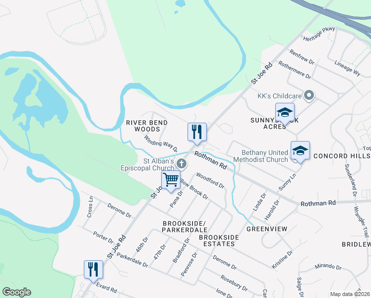 map of restaurants, bars, coffee shops, grocery stores, and more near 7399 Saint Joe Road in Fort Wayne