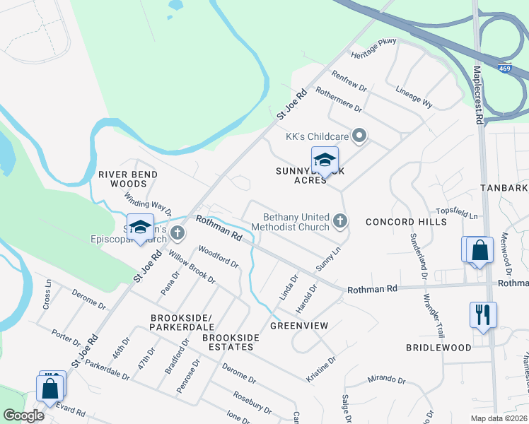 map of restaurants, bars, coffee shops, grocery stores, and more near 5040 Ann Hackley Road in Fort Wayne