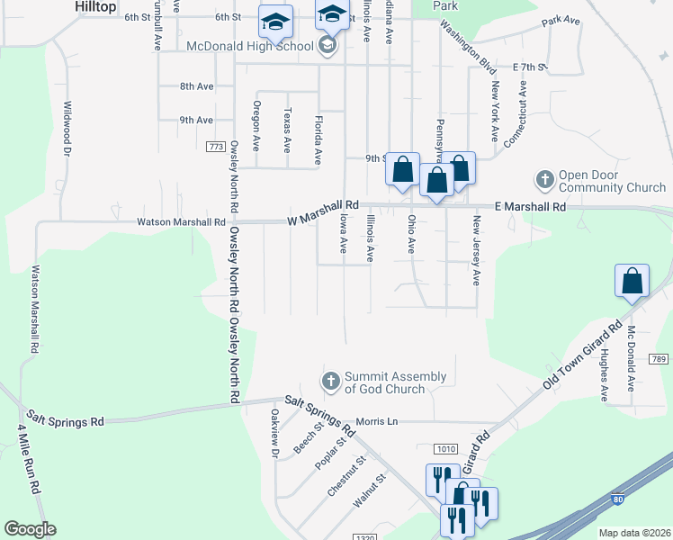 map of restaurants, bars, coffee shops, grocery stores, and more near 1117 Annabelle Avenue in McDonald