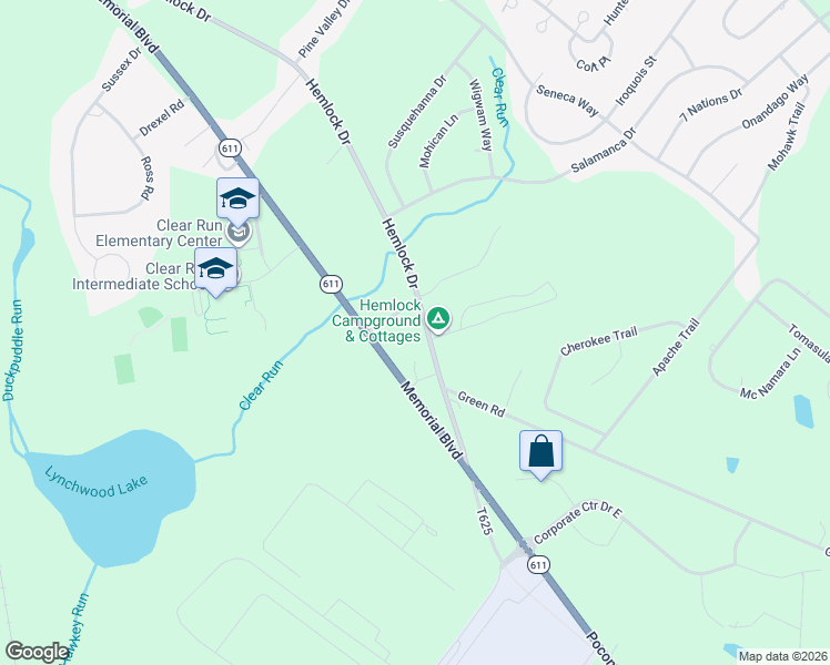 map of restaurants, bars, coffee shops, grocery stores, and more near 378E Hemlock Drive in Tobyhanna