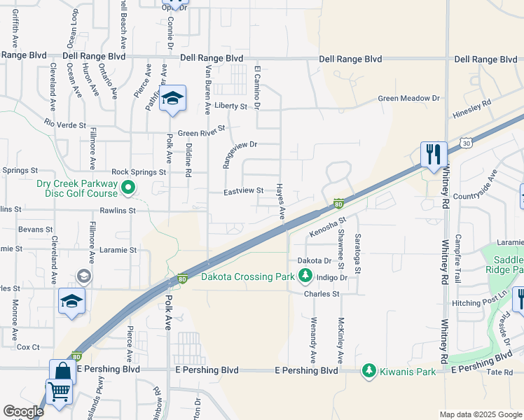 map of restaurants, bars, coffee shops, grocery stores, and more near 5409 Imperial Court in Cheyenne