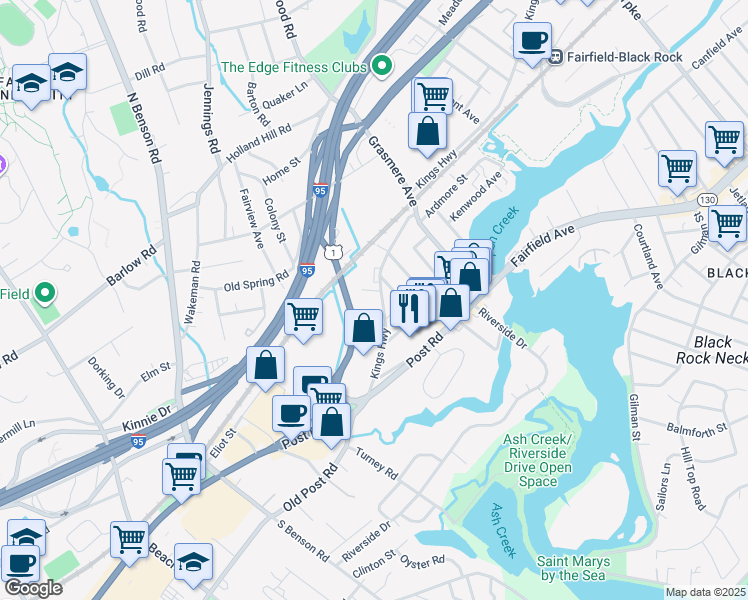 map of restaurants, bars, coffee shops, grocery stores, and more near 2161 Kings Highway in Fairfield