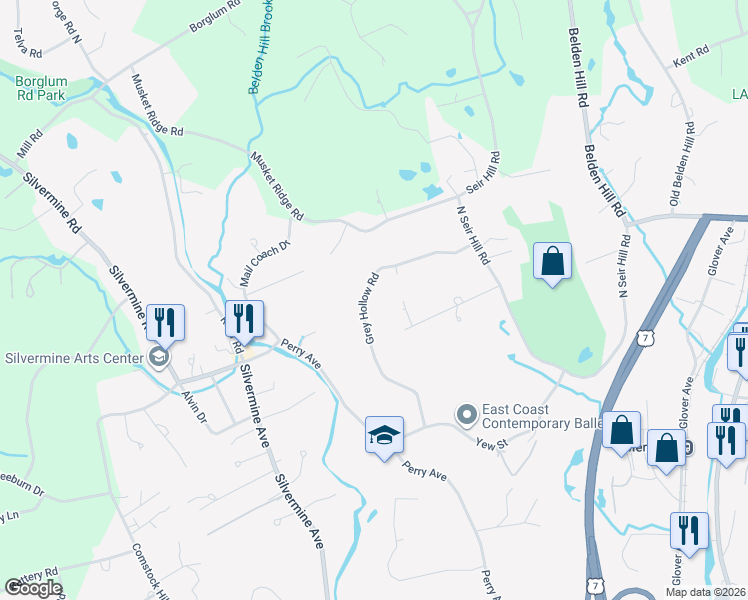 map of restaurants, bars, coffee shops, grocery stores, and more near 24 Grey Hollow Road in Norwalk