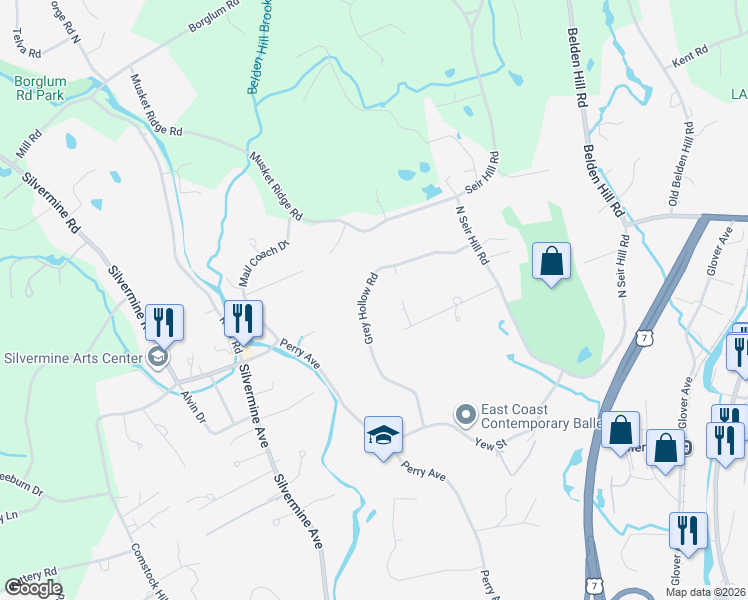 map of restaurants, bars, coffee shops, grocery stores, and more near 24 Grey Hollow Road in Norwalk