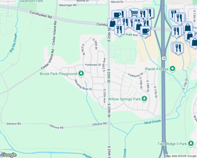 map of restaurants, bars, coffee shops, grocery stores, and more near 2506 Hogantown Drive in Bellevue