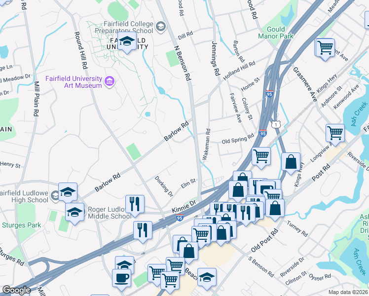 map of restaurants, bars, coffee shops, grocery stores, and more near 457 North Benson Road in Fairfield