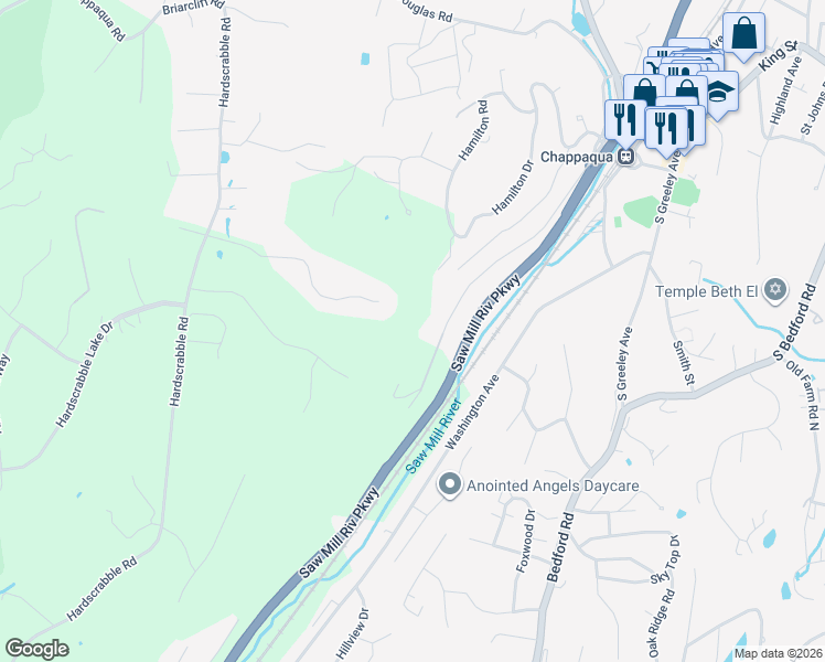 map of restaurants, bars, coffee shops, grocery stores, and more near 254 Mill River Road in Chappaqua