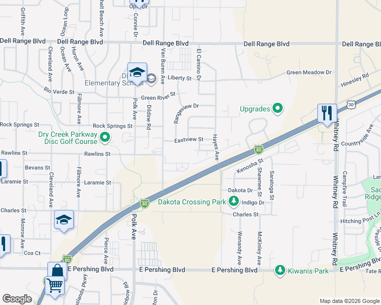 map of restaurants, bars, coffee shops, grocery stores, and more near 5300 Imperial Court in Cheyenne