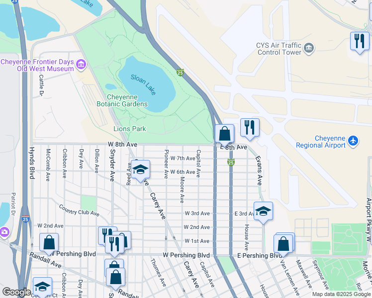 map of restaurants, bars, coffee shops, grocery stores, and more near 212 West 7th Avenue in Cheyenne
