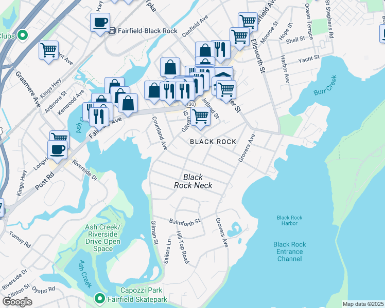map of restaurants, bars, coffee shops, grocery stores, and more near 356 Midland Street in Bridgeport