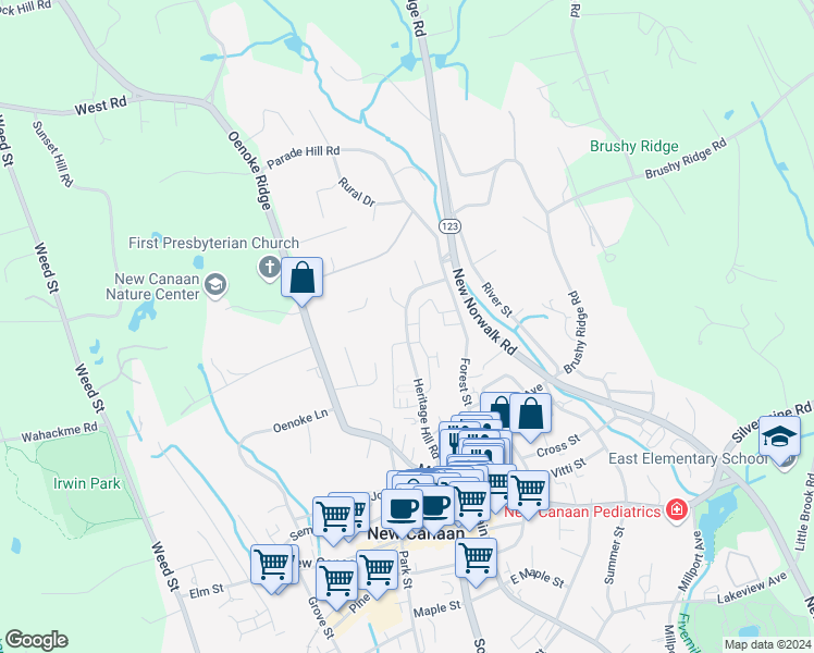 map of restaurants, bars, coffee shops, grocery stores, and more near 122 Heritage Hill Road in New Canaan