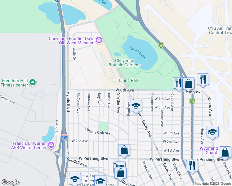 map of restaurants, bars, coffee shops, grocery stores, and more near 4004 Snyder Avenue in Cheyenne