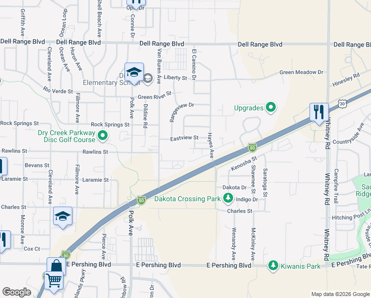 map of restaurants, bars, coffee shops, grocery stores, and more near 5400 Carter Road in Cheyenne