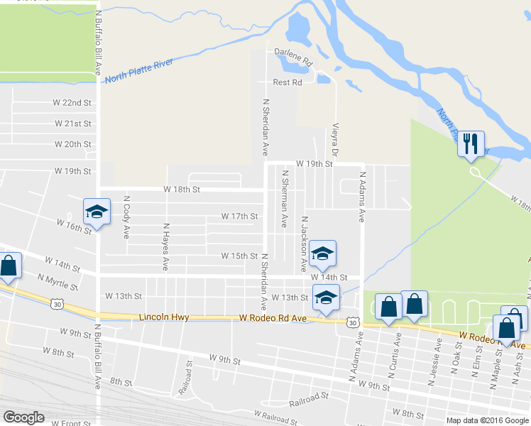 map of restaurants, bars, coffee shops, grocery stores, and more near 1608 N Sheridan Ave in North Platte