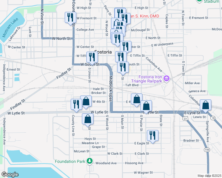 map of restaurants, bars, coffee shops, grocery stores, and more near Midblock Upas in Fostoria