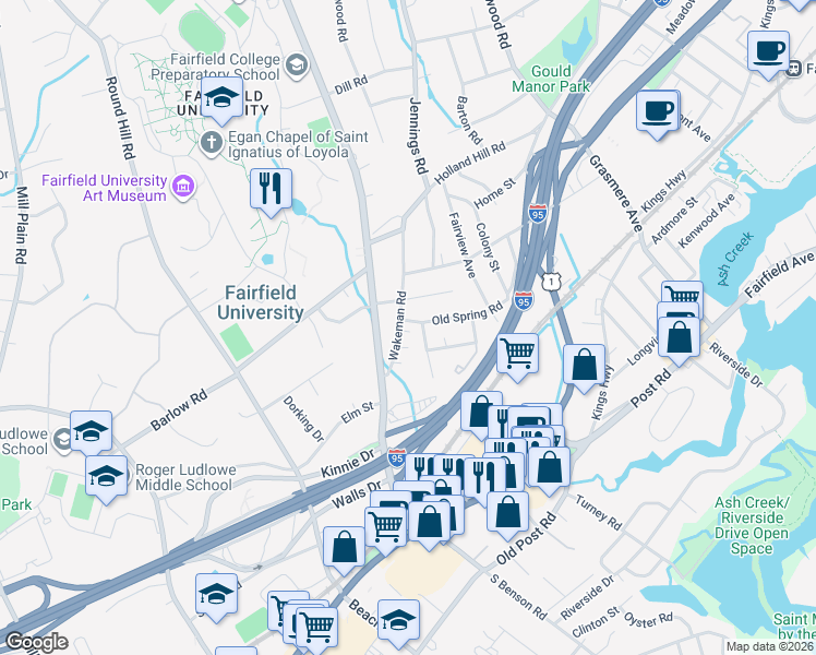 map of restaurants, bars, coffee shops, grocery stores, and more near 135 Edge Hill Road in Fairfield