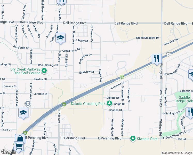 map of restaurants, bars, coffee shops, grocery stores, and more near 5409 Imperial Court in Cheyenne