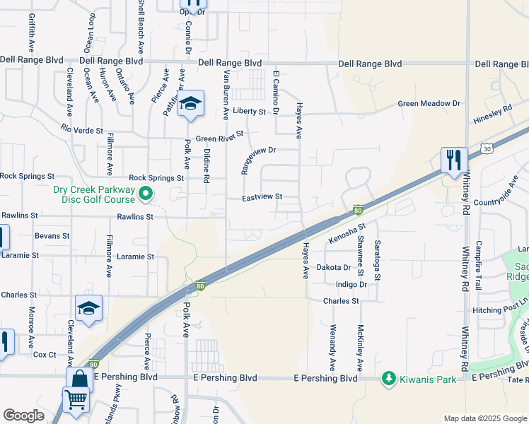 map of restaurants, bars, coffee shops, grocery stores, and more near 5400 Carter Road in Cheyenne