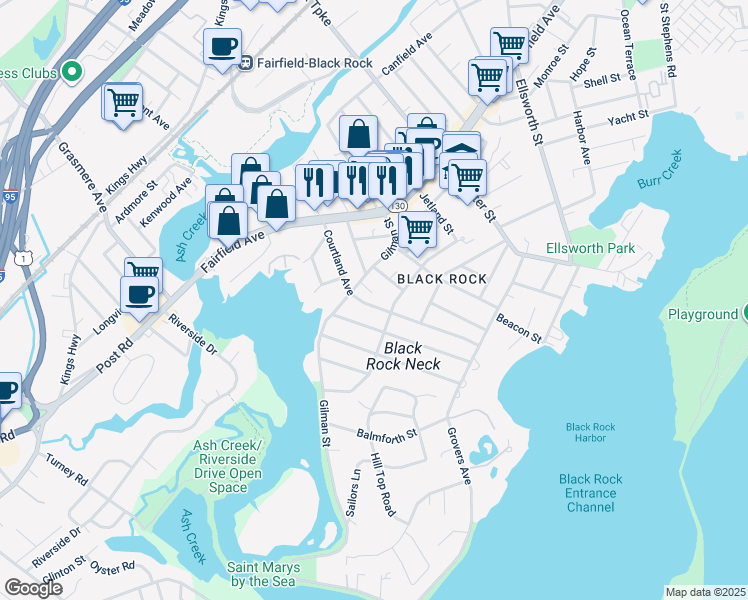 map of restaurants, bars, coffee shops, grocery stores, and more near 272 Seaside Avenue in Bridgeport