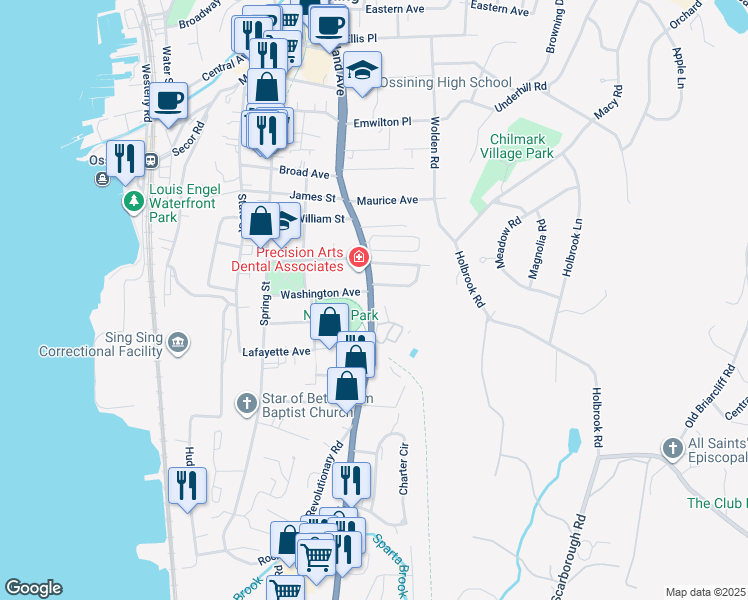 map of restaurants, bars, coffee shops, grocery stores, and more near in Ossining