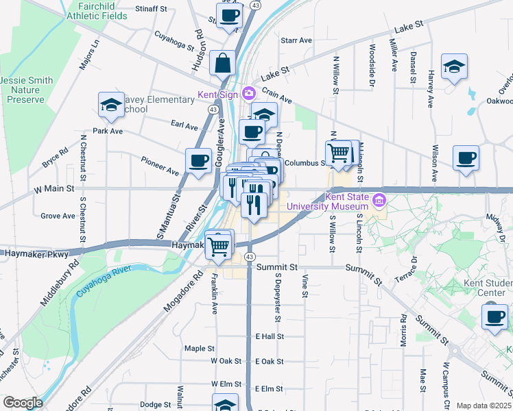 map of restaurants, bars, coffee shops, grocery stores, and more near 214 South Water Street in Kent