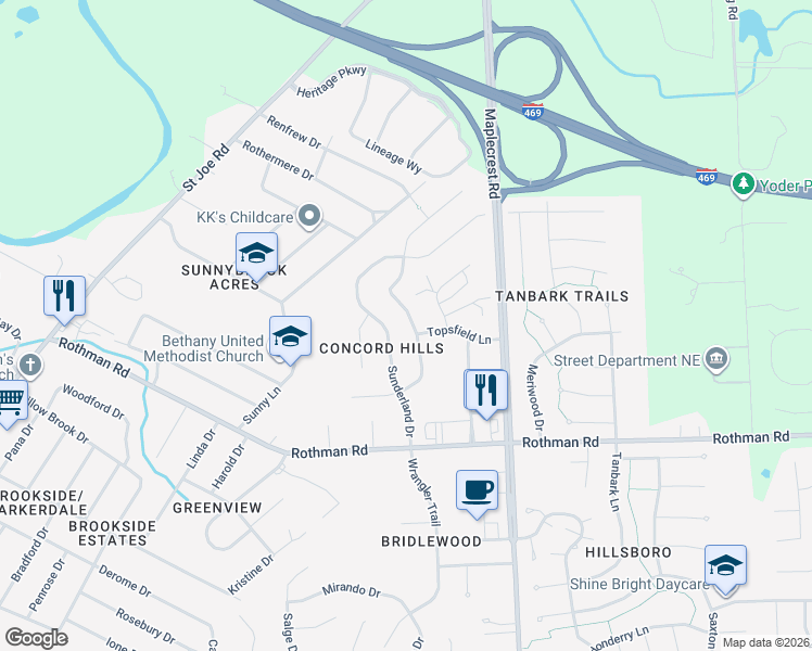 map of restaurants, bars, coffee shops, grocery stores, and more near 7724 Brookfield Dr in Fort Wayne