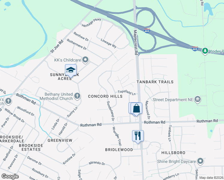 map of restaurants, bars, coffee shops, grocery stores, and more near 7724 Brookfield Dr in Fort Wayne