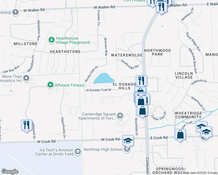 map of restaurants, bars, coffee shops, grocery stores, and more near 102 El Dorado Trail East in Fort Wayne
