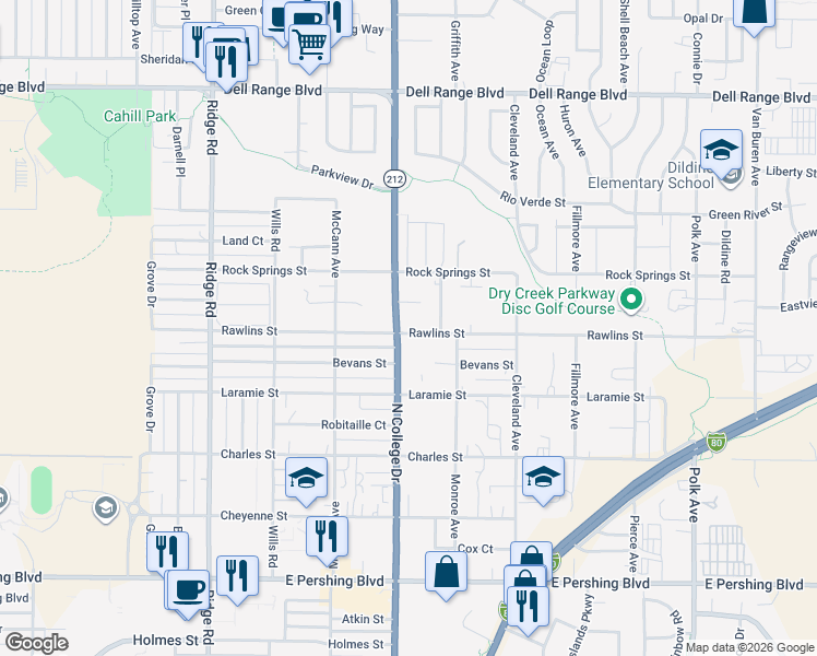 map of restaurants, bars, coffee shops, grocery stores, and more near 4013 Rawlins Street in Cheyenne