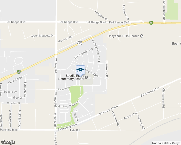 map of restaurants, bars, coffee shops, grocery stores, and more near Wilderness Trail in Cheyenne