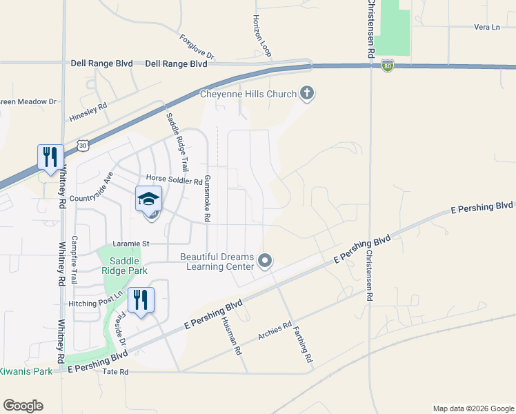 map of restaurants, bars, coffee shops, grocery stores, and more near Wilderness Trail in Cheyenne