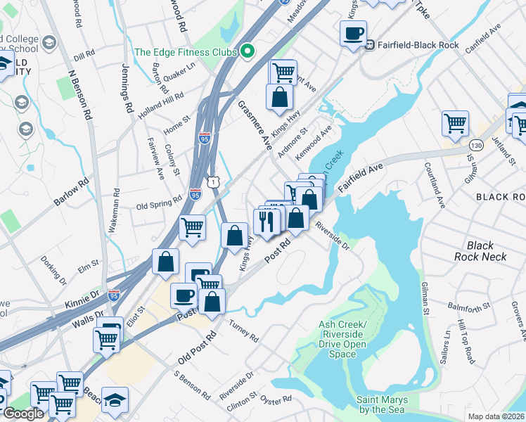 map of restaurants, bars, coffee shops, grocery stores, and more near 2161 Kings Highway in Fairfield